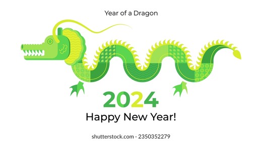 2024 Happy New Year postcard with green wooden Dragon, symbol of the Year, Chinese New Year greeting card with Asian dragon in a flat style.