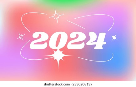 2024 Happy New Year poster. Y2K style illustration. Trendy minimalist aesthetic color. Vector illustration concept