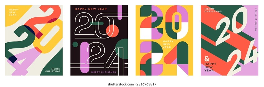 2024 Happy New Year posters. Colored covers with logo for celebration winter holiday. Abstract flyers with text. Merry Christmas festival. Cartoon flat vector collection isolated on white background