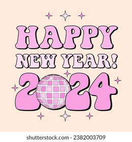 2024 Cita de Feliz Año Nuevo, tipografía groovy con bola de disco retro sobre fondo beige. Tarjeta de saludo rosa vintage de los años 70, pegatina, banner