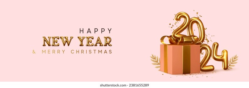 2024 Happy New Year. Realistic gift box Golden metal number. 3d render gold metallic sign and text letter. Celebrate party 2024. Christmas Poster, banner, cover card, brochure, flyer, layout design