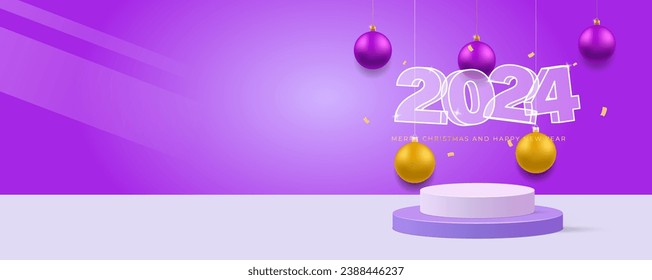 2024 Happy New Year. Realistic 3d podium room. Celebrate party 2024. Christmas balls. Load party concept. Xmas Poster, banner, cover card, brochure, flyer design. Vector illustration