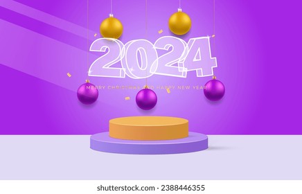 2024 Happy New Year. Realistic 3d podium room. Celebrate party 2024. Christmas balls. Load party concept. Xmas Poster, banner, cover card, brochure, flyer design. Vector illustration