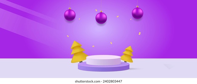 2024 Happy New Year. Realistic 3d podium room. Celebrate party 2024. Christmas balls. Load party concept. Xmas Poster, banner, cover card, brochure, flyer design. Vector illustration