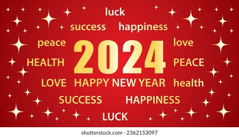 2024 Happy New Year. Red and gold greeting card with best wishes. Illustration vector banner.