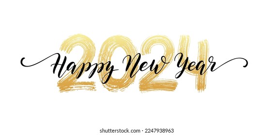 2024 HAPPY NEW YEAR script text hand lettering. Design template Celebration typography poster, banner or greeting card for Merry Christmas and happy new year. Vector Illustration