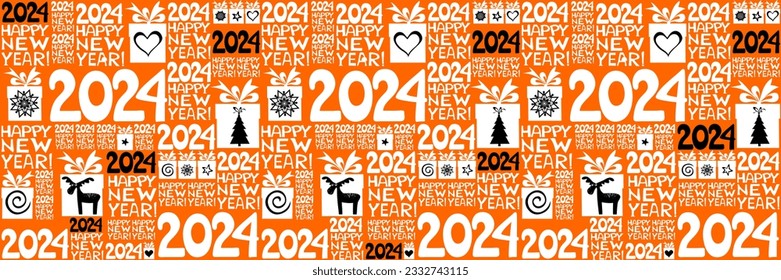 2024 Happy New Year! Seamless orange pattern. Endless texture for wallpaper, web page background, wrapping paper and etc. Christmas tree, ball, snowflakes and deer. Vector illustration