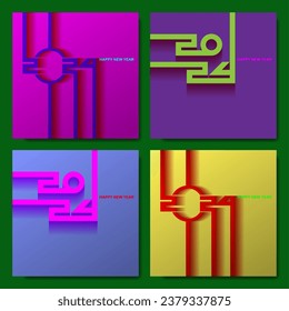 2024 Happy New Year set colorful card, texture lines, vivid colors background. Festive luxury design for holiday card, invitation, calendar poster. Trendy new year 2024 design template.