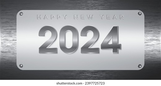 2024 Happy New Year silver metallic numbers on metal plate. 3D Number 2024 with Silver Metallic numbers on aluminum background, stainless steel plate. Metal and steel industry design. Vector EPS10.