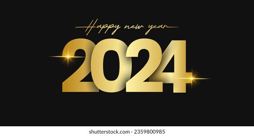 2024 Feliz Año Nuevo con brillante efecto de luz dorada sobre el fondo oscuro. Realista efecto de texto 2024. Marco redondo para calendario, diseño de afiches