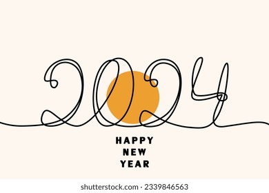 2024 Happy New Year. text. By drawing one lineart in a continuous drawing style. Orange circle - sunrise. vector illustration isolated on a light background