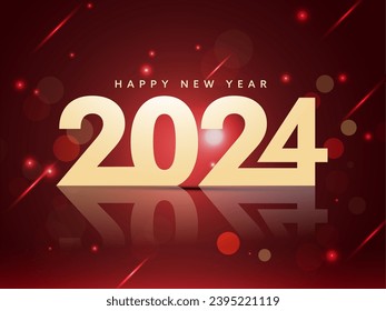 2024 Happy New Year Text with Bokeh Lights Effect on Shiny Red Background.