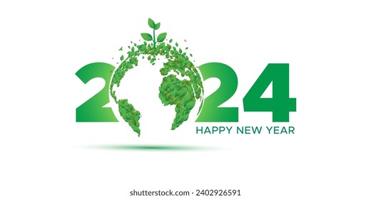 2024 happy new year text with green world map vector illustration. 2024 world environment poster design.