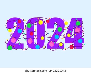 2024 Happy New Year. Text braided with Christmas glowing garland. Christmas light. LED Christmas tree lights. Xmas design for greeting cards, banners and posters. Vector illustration