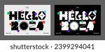 2024 Happy New Year typography. Trendy geometric element. Cool background. Playful abstract shape sticker. Brutalism aesthetic modern font type. Retro style design. Colorful flat vector illustration.