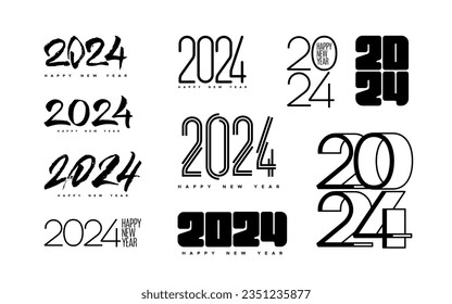 2024 Happy New Year typography logo for banner or calendar design. Vector holiday illustration. Set of 2024 number labels. New Year 2024 and Christmas isolated signs.