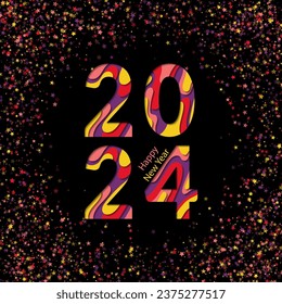 2024 Happy New Year vactor design with stars confetti. Trendy 2024 year colors of coral, red, purple, violet and yellow. 2024 HappY New Year greeting banner for social media post.
