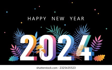 2024. Happy New year. Vector illustration. New year symbol vector illustration. Tropical leaves 2024. Happy new year 2024 creative greeting card design. Floral design for calendar. Tropical banner