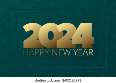 2024 Happy New Year vector greeting card. Stars and snowflake background. Green and gold banner for celebration, congratulation, decoration, winter holiday