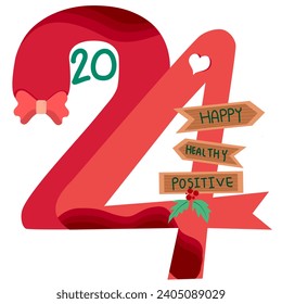 2024 Happy neues Jahr Vektorgrafik, Happy , gesund und positiv.