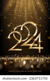 2024 Happy New Year vertical banner vector template. Winter holiday, christmas congratulations. Festive postcard, luxurious greeting card concept. 2024 number with golden glitter illustration.