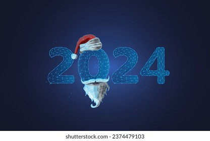 2024 hat, beard and mustache of Santa Claus, a symbol of the New Year, Christmas, Secret Santa, the spirit of Christmas, Saint Nicholas, a feast for which gifts are given.2024.low poly, wireframe