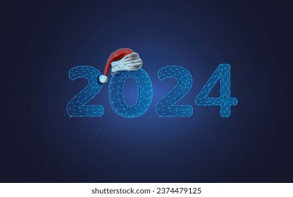 2024 hat of Santa Claus, a symbol of the New Year, Christmas, Secret Santa, the spirit of Christmas, Saint Nicholas, a feast for which gifts are given.2024.low poly, vector wireframe