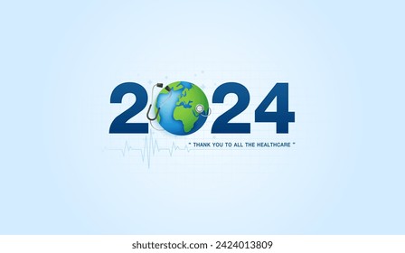 2024 health care with stethoscope, world and heartbeat. happy new year for health care, Insurance, wellness and medical concept. vector design