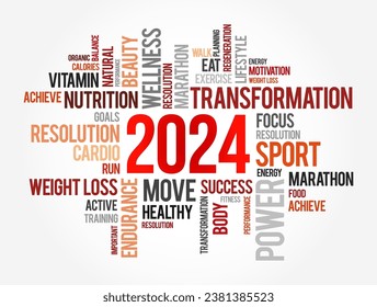 2024 health and sport goals word cloud, motivation concept background