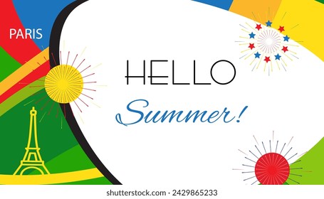 2024 Hello Summer lettering abstract fluid lines shapes colorful background, holiday camp vocation fireworks French tower flag sign travel colorful banner championship symbol athletes Paris template