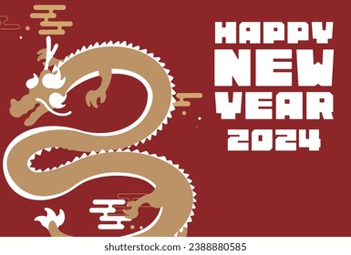 2024 horizontal happy new year's card template decorated with a simple dragon (red)