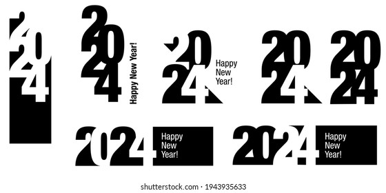 2024 icon, sign. Merry Christmas and Happy New Year 2024 background in typographical style, card. Vector illustration, clip art, black and white.