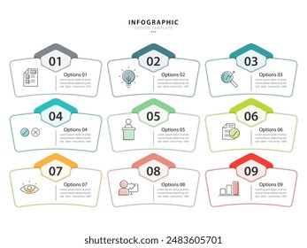 2024 Infografía jul 5Infografía de Plantilla de diseño. Concepto de línea de tiempo con 9 opciones o pasos de Plantilla. diseño, diagrama, anual, informe, presentación. Ilustración vectorial.