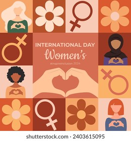 The 2024 #inspire inclusion campaign for gender equality .International Women's Day.Template for postcards, banners, posters, flyers, vector illustration in a flat style.