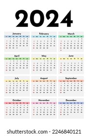 Сalendar for 2024 isolated on a white background. Sunday to Monday, business template. Vector illustration