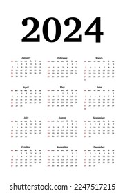 Сalendar for 2024 isolated on a white background. Sunday to Monday, business template. Vector illustration