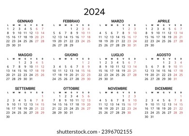 2024 italian calendar. Printable, editable vector illustration for Italy. 12 months year calendario. Landscape