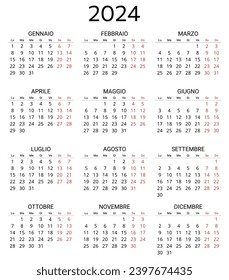 2024 italian calendar. Printable, editable vector illustration for Italy. 12 months year calendario. Portrait