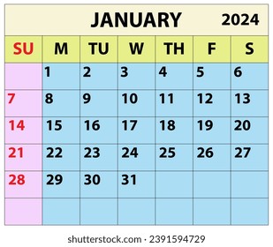 2024 january month calendar Color vector illustrator calendar design. 