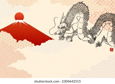 2024 Japanese New Year's greeting card for the Year of the Dragon, ink painting style Dragon and Red Fuji on a Japanese patterned background of the first sunrise and a sea of clouds. - Translation: Dr