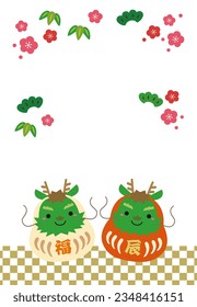 2024 Japanese Vertical New Year's card with the twelve zodiac signs of the dragon character Dharma 
The greeting is not included.

translation : fuku(good fortune) tatu(dragon)
