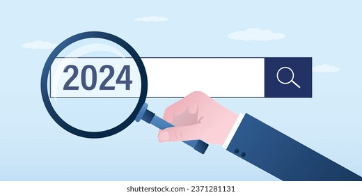 2024 job research or vision. New Year resolution. New business opportunities or career challenges. Businessman hand uses magnifying glass for discovering website from search box. vector illustration