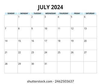 2024 July Calendar blue color, sunday start