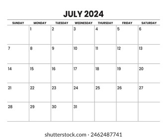 2024 JULY Calendar sunday start, simple design
