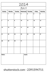 2024 July planner. calendar planner. simple minimal calendar. vector illustration. Daily Planner Design 2024. Life and Business Planner Organizer Schedule.