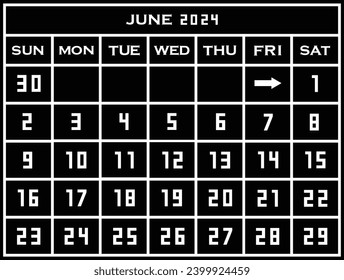 plantilla de calendario 2024 de junio. Gráficos planos de una sola página del concepto de calendario de pared aislados en fondo negro. La semana empieza desde el sábado. EPS 10.