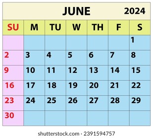 2024 June month calendar Color vector illustrator calendar design. 