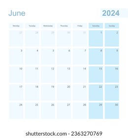 2024 June wall planner in blue pastel color, week starts on Monday. Calendar for June 2024 with blue square and with day of previous and next month.