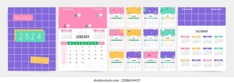 2024 Kids Calendar Design: Bright, Creative and Colorful Templates for Monthly and Annual Planning. Sunday Start. Cute and Useful Planner for 2024 year.