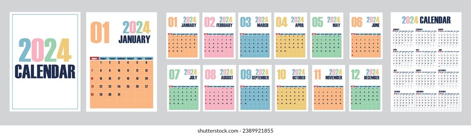 2024 Kids Kalender Design: Pastellrosa, Gelb, Grün, Blau. Helle, kreative und farbenfrohe Vorlagen für die monatliche und jährliche Planung. Die Woche beginnt am Sonntag. Cute und nützliche Planer für 2024 